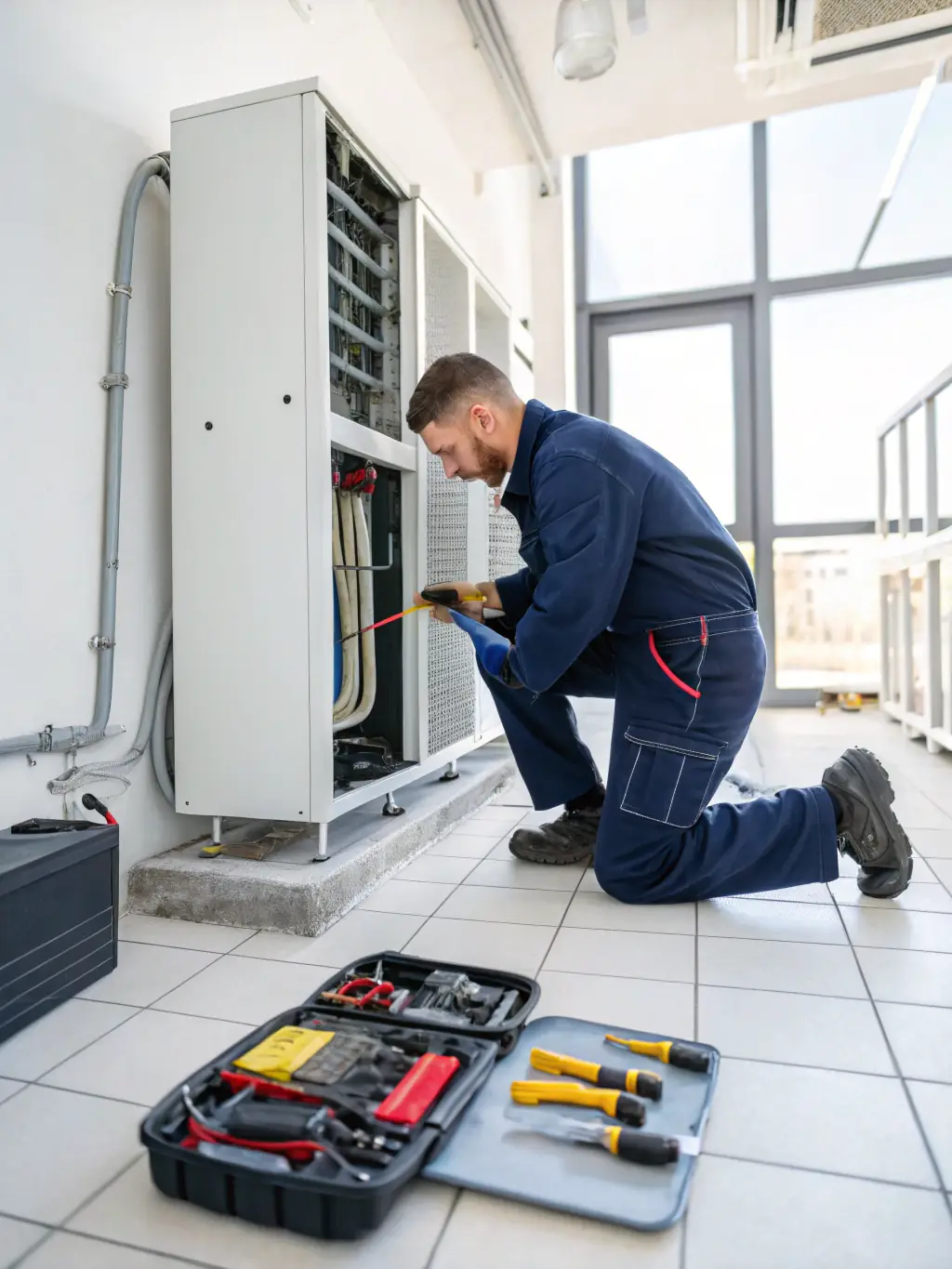 A technician is using a thermal imaging camera to inspect the ductwork of an HVAC system, identifying areas of heat loss and potential energy inefficiencies.