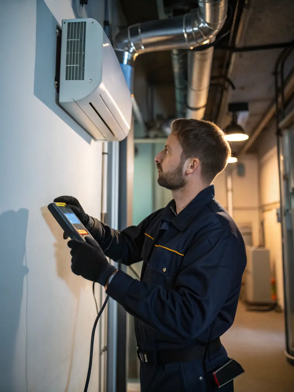 A certified technician is performing diagnostics and repairs on a large industrial chiller unit, using specialized tools to ensure optimal cooling performance.