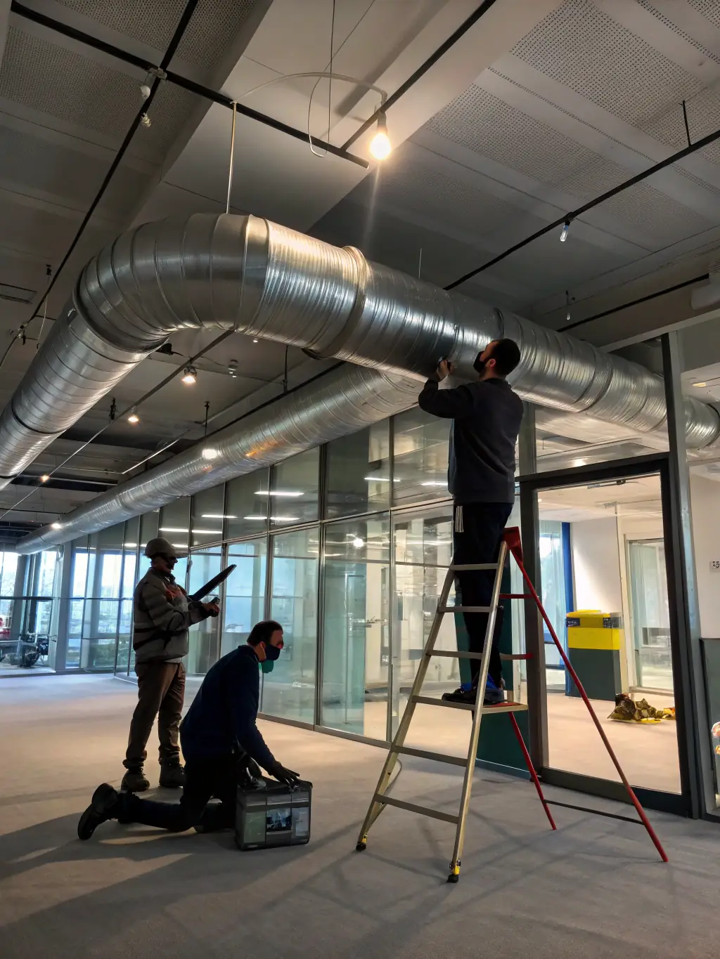 A team of technicians is expertly installing a new, energy-efficient HVAC system in a modern commercial building, ensuring seamless integration and optimal performance.