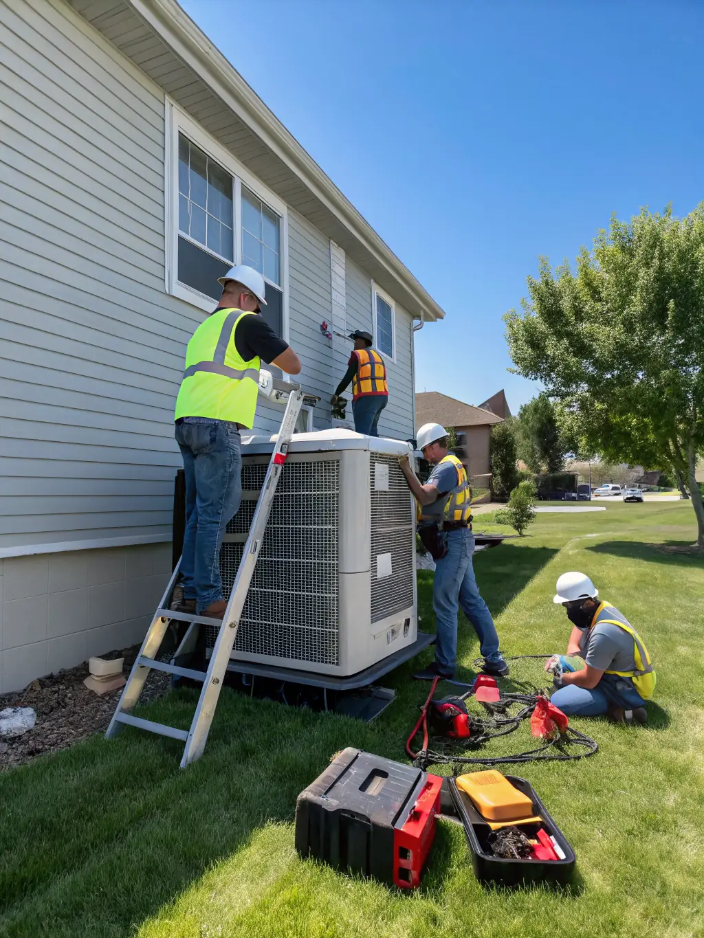 A team of Zuno HVAC Solutions professionals installing a new, energy-efficient air conditioning unit in a commercial building.