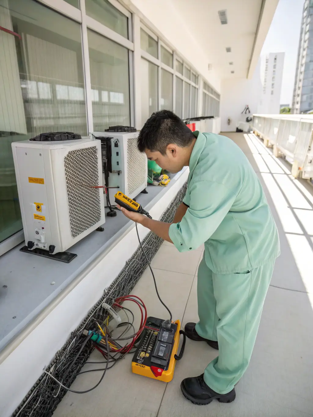 An HVAC technician using specialized equipment to diagnose an issue with a complex HVAC system in a modern office building.