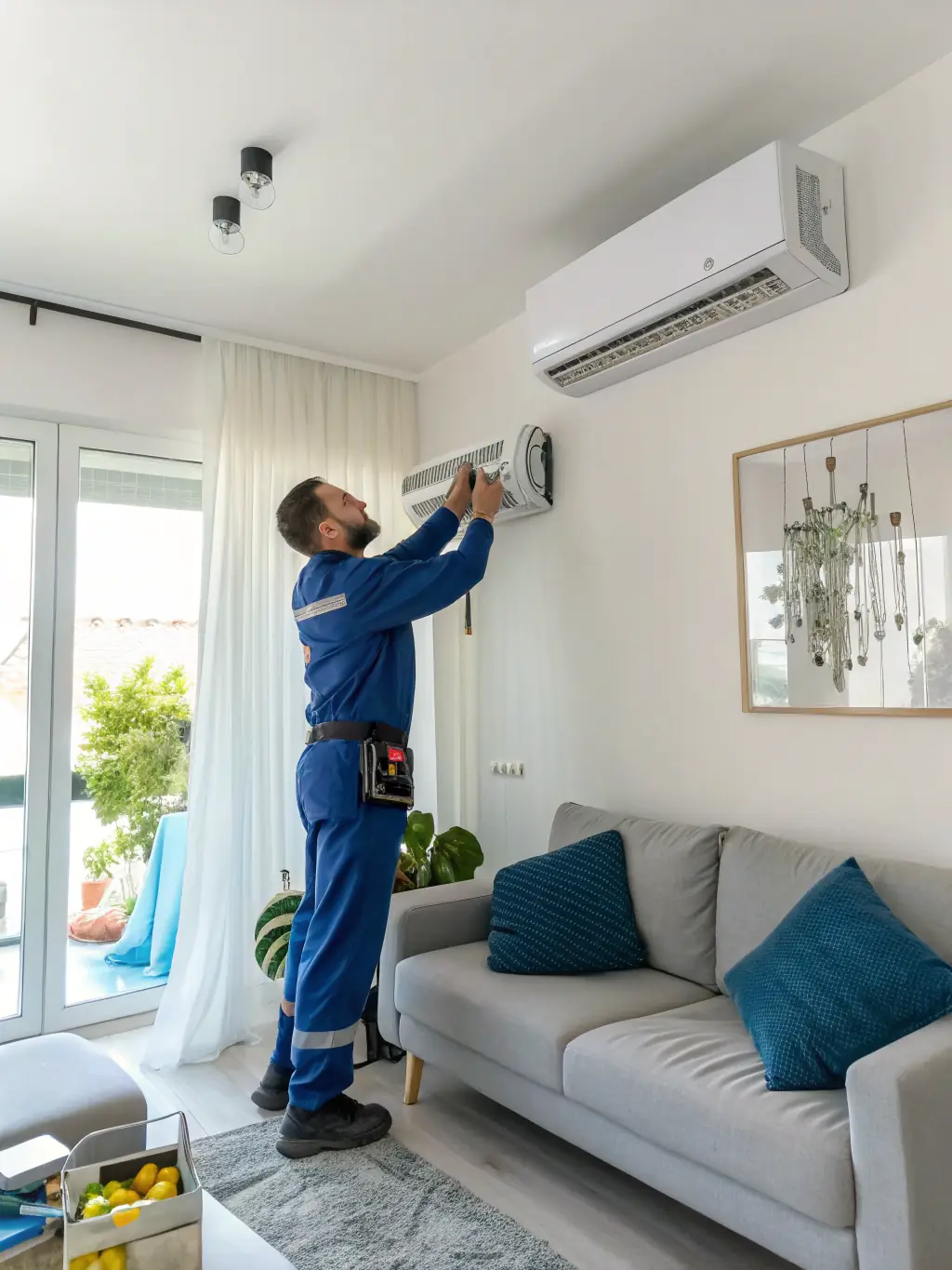 A technician performing a routine check on an HVAC unit in a residential home, with tools and diagnostic equipment visible.