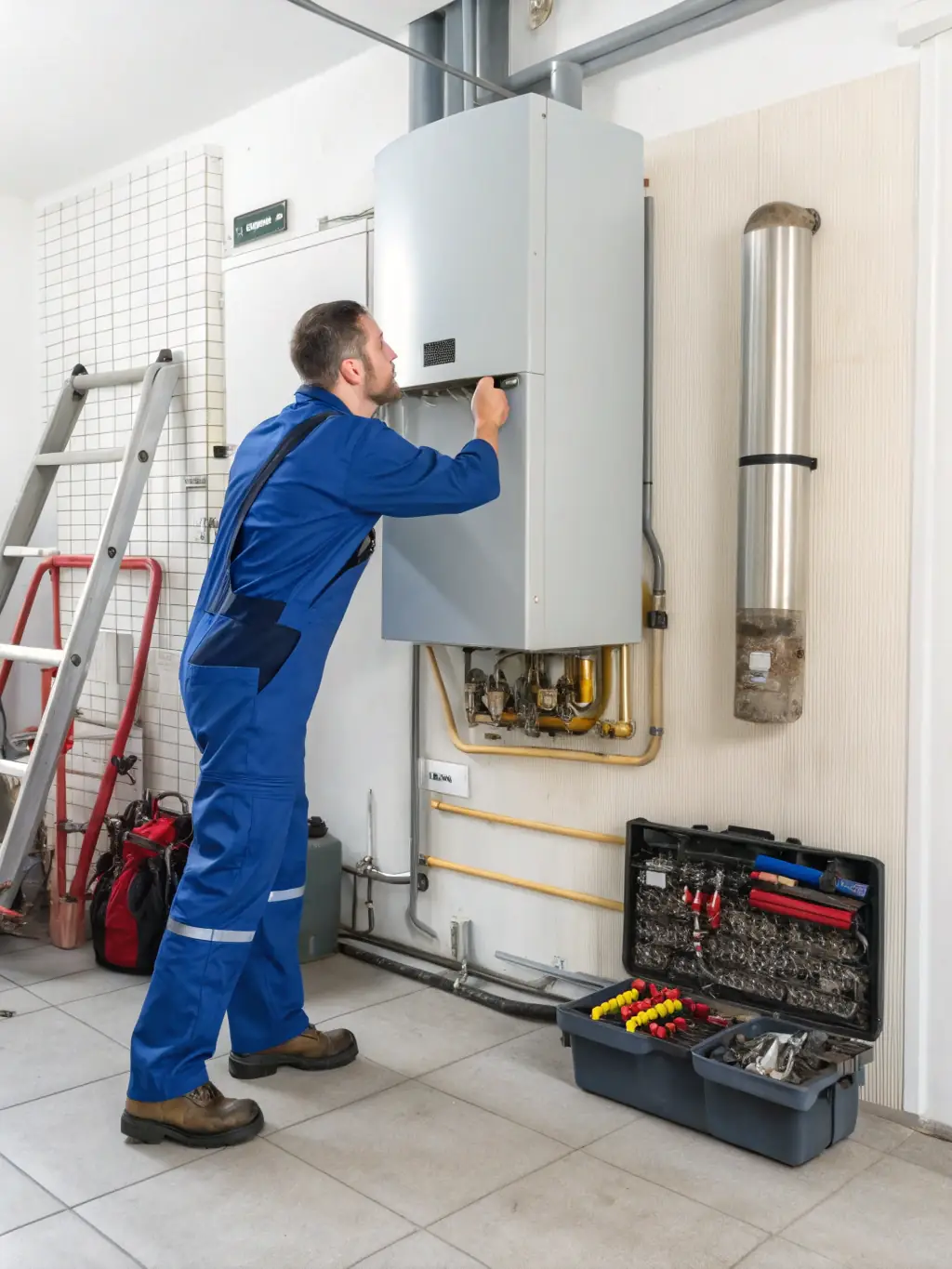 A close-up shot of a technician repairing a chiller unit in a commercial setting, showcasing their expertise and attention to detail.